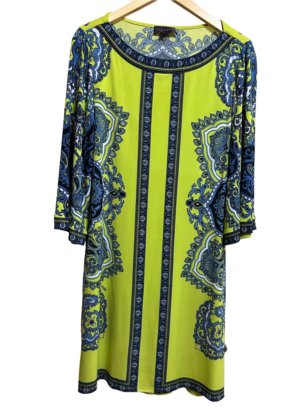 Archival Hale Bob Bright Forecast Silk Blend Shift Dress Lime Blue M